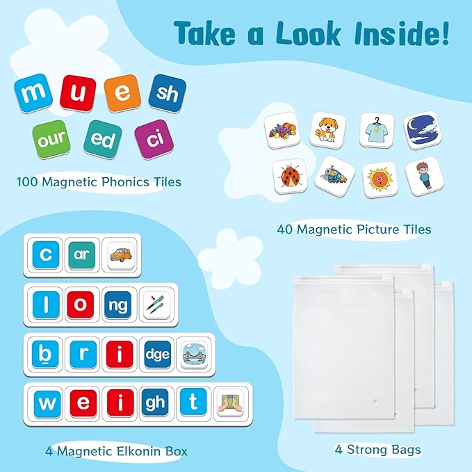 Magnetic Letter Tiles, Phonics Spelling Games Speech Therapy Phonemic Awareness Alphabet Fridge Magnets Learn to Read Science Reading Manipulative Elkonin Box Preschool Kindergarten Classroom