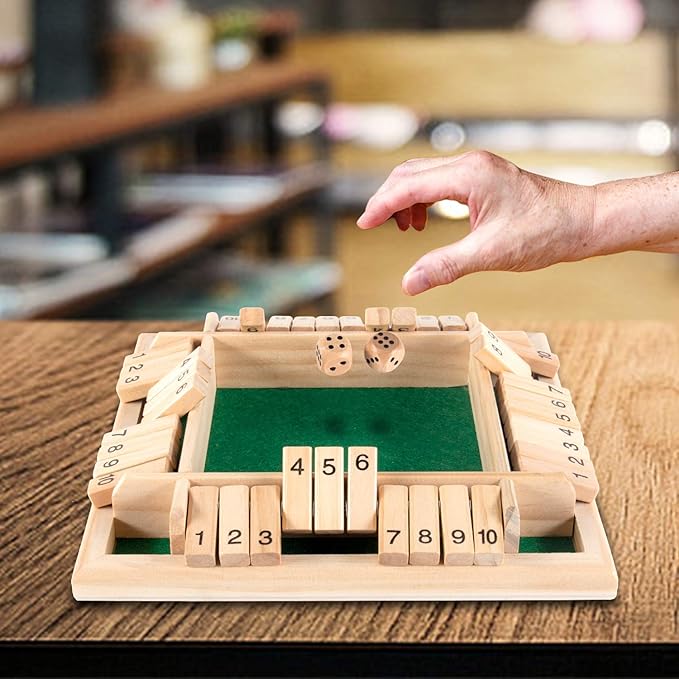 AMEROUS 1-4 Players Shut The Box Dice Game,Classic 4 Sided Wooden Board Game with 10 Dice and Instructions for Kids Adults, Tabletop Version