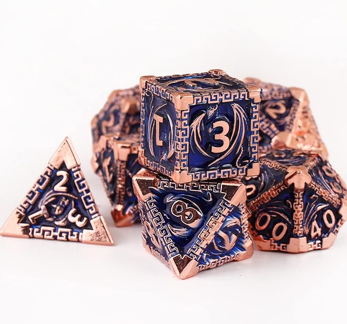 DND Dice Metal Dragon Set,Unique Dragon Design Dice with Gift Dice Bag for Dungeons & Dragon Games,Magic The Gathering,D and D D&D Dice Set (Copper Blue)
