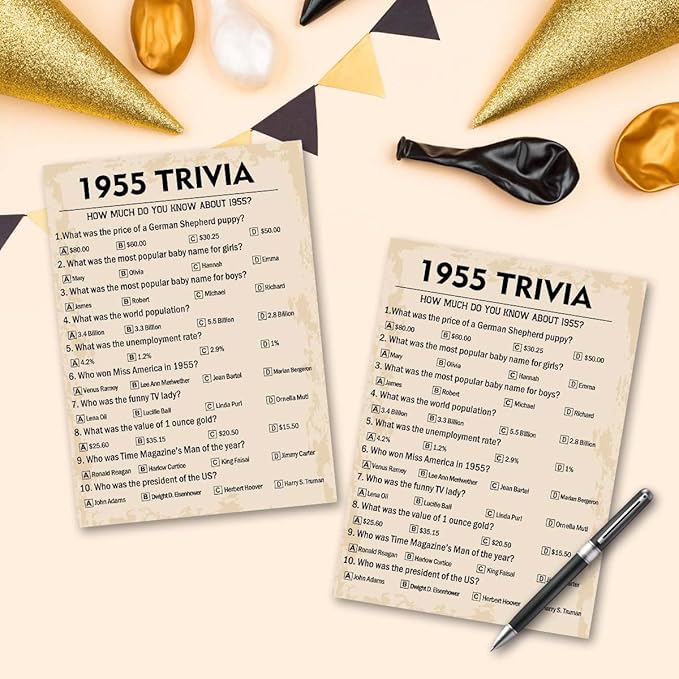 QUPT 70th Birthday Party Games, 1955 Trivia Games, Birthday Party Supplies for Adults, Fun 1955s Party Game, Pack of 30 Cards