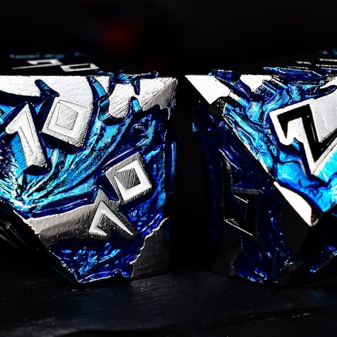 Rule Dice - Dungeons and Dragons Metal Dice Set, D&D Set with D20, D4, D12, D10, D%, D8, D6 - Blue Dragon Style, Silver Black