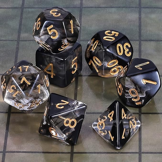 CiaraQ DND Polyhedral Dice Set for Dungeons and Dragons RPG MTG Role Playing Table Games-with 1 Dice Pouch (Transparent + Black Cloud)