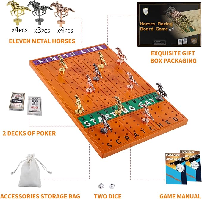 Horse Race Board Game Finish Line Racing Game with 11 Luxurious Metal Horses with 4 Dice and 2 Boxes of Cards Solid Wood Horse Racing Game Board Color Box Packaging (Small, Yellow Peach Color)