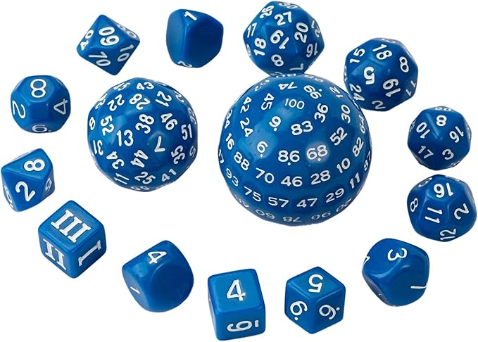 15 Pieces Complete Polyhedral DND Dice Set D3-D100 Spherical D&D Dice Set with Dragon Eye Dice Bag, D100 Dice for Dungeons and Dragons, RPG, MTG Table Games(Blue w/White Numbers)
