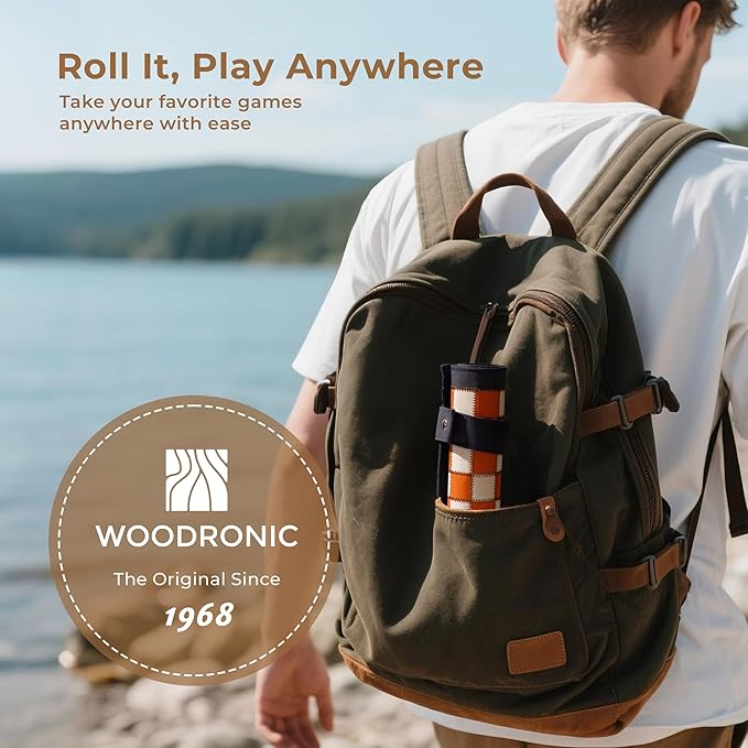 Woodronic 3 in 1 Travel Chess Checkers Backgammon Set, Roll-up Leather Backgammon Game Set with 32 Pearl Textured Pieces and 5 Dices, Portable Travel Strategy Board Game Set for Adult, Navy Blue