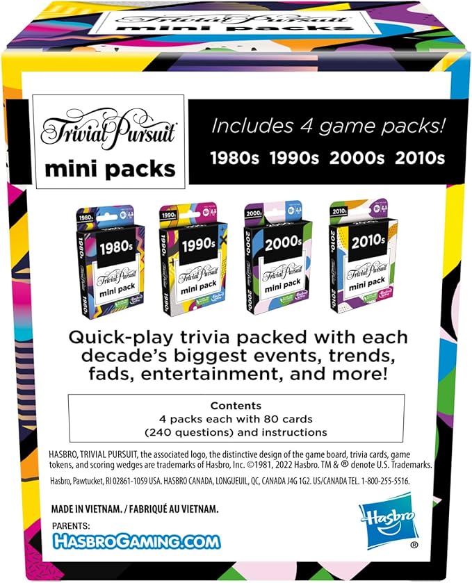 GAMES (EXCL. MONOPOLY) Trivial Pursuit Mini Packs Multipack, Fun Trivia Questions for Adults and Teens Ages 16+, Includes 4 Game Featuring 4 Decades
