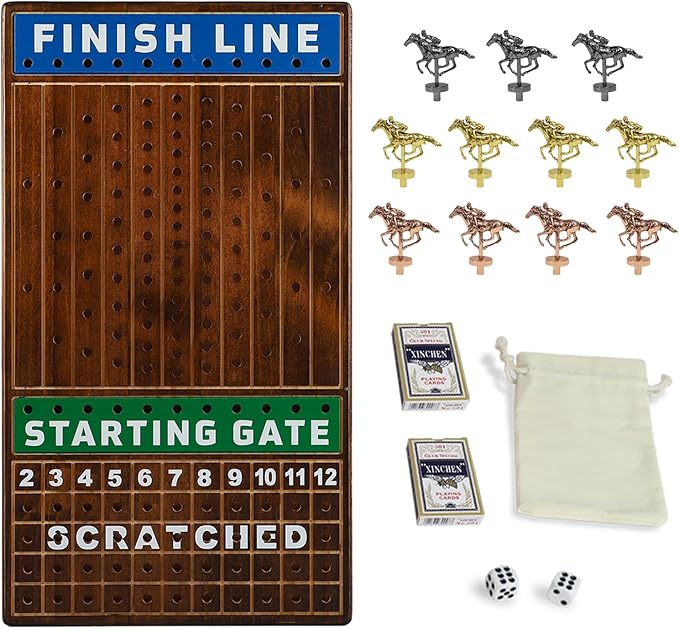 Large 21 Inches Horse Racing Board Game Thickened Wood Metal Horses Finish Line Horse Race Game for Party and Gatherings Included Dices and Cards, Flame