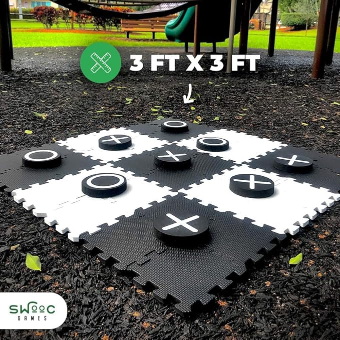 SWOOC Games - 2-in-1 Premium Giant Checkers & Tic Tac Toe Game (4ft x 4ft) - 100% High Density EVA Foam Mat & Pieces - Extra Large Checkers Set with Jumbo Checkerboard and Yard Size Tic Tac Toss