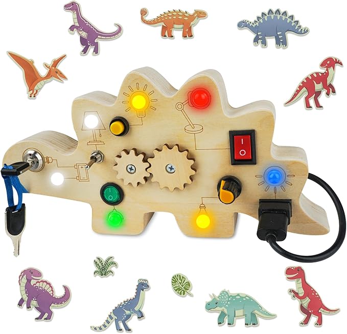 Toddler Busy Board, Montessori Toys for 1-3 Year Old, Wooden Busy Board with LED Light, Dinosaur Sensory Toys for Age 1-3, Boy & Girl Gift