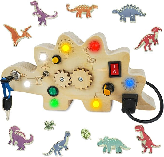 Toddler Busy Board, Montessori Toys for 1-3 Year Old, Wooden Busy Board with LED Light, Dinosaur Sensory Toys for Age 1-3, Boy & Girl Gift