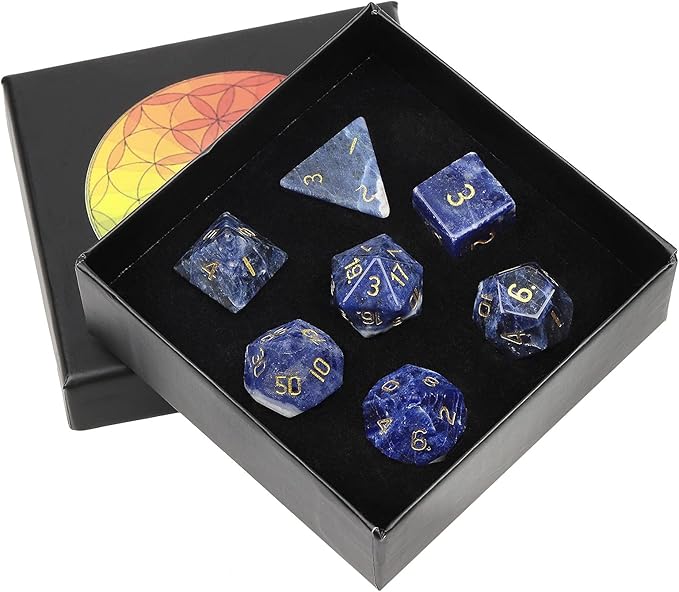 TUMBEELLUWA Engraved Crystal Stone Polyhedral Dice Set for RPG MTG Dungeons and Dragons Table Game 7 Pieces DND Board Game Dices with Pouch, Sodalite