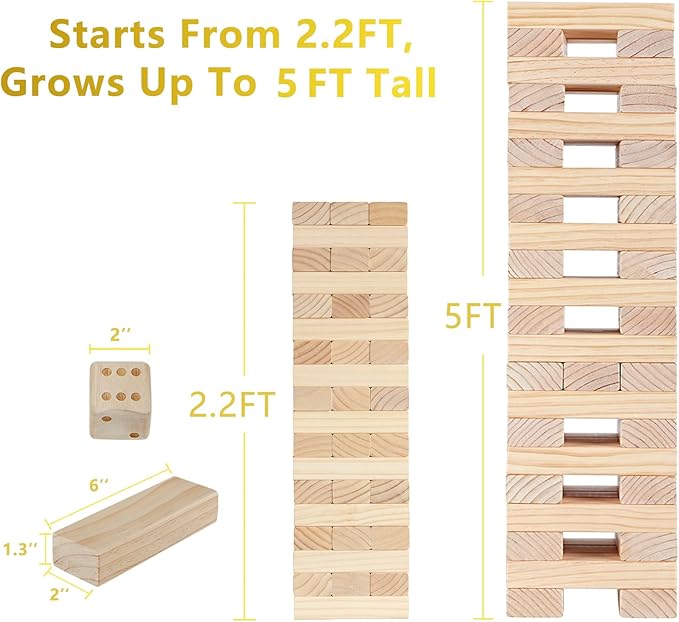 Giant Tumbling Timber Games, 60 Blocks Large Tower Outdoor Game - Includes Carry Bag and Scoreboard, Wood Stacking Backyard Game Grows Up to 5FT for Kids Adults Family