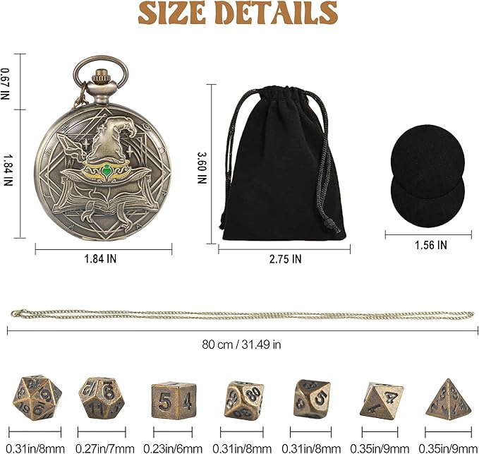 D&D Dice Set,7PCS Metal Dice for Dungeons and Dragons,Mini Dice Set with Pocket Watch Case,Role Playing Board Games Accessories (Wizard, Bronze)