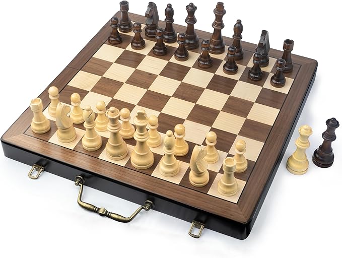 18.5 Inch Wooden Chess Set with Handle,Chess Sets for Adults Kids Portable Folding Board Games with 4.5" King and 2 Extra Queens Handmade Large Pieces with Storage Slots