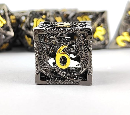 Hollow Dragon Metal Dice,Unique Dungeons and Dragons Polyhedral Dice Set for D&D TRPG,MTG,Pathfinder,Table Board Roll Playing Games D4 D6 D8 D10 D% D12 D20 (Black and Gold)