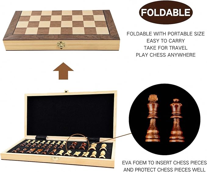 LEAP Wooden Chess Set Magnetic Travel Size 11.5" Inches - 2 Extra Queens - Magnetic Folding Board, Handmade Portable Travel Chess Board Game Sets with Pieces Storage Slots - All Adults and Beginner