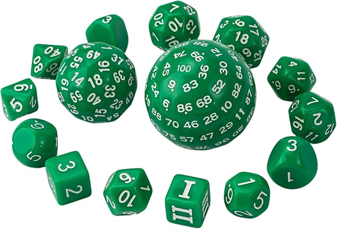 15 Pieces Complete Polyhedral DND Dice Set D3-D100 Spherical D&D Dice Set with Dragon Eye Dice Bag, D100 Dice for Dungeons and Dragons, RPG, MTG Table Games(Green w/White Numbers)