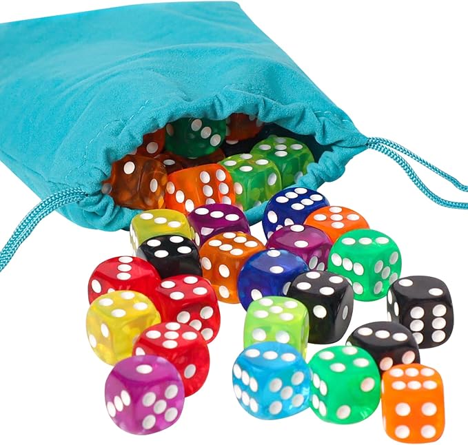 50 Pieces 16mm Colored Dice Set, Bulk Dice in 10 Translucent Colors with a Blue Drawstring Storage Bag, 6 Sided Dice for Board Games