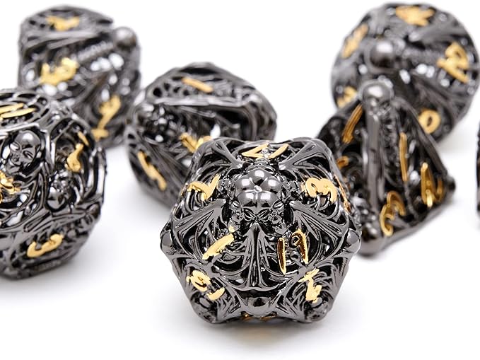 Hollow Metal DND Game Dice Black and Gold Numbers 7Pcs Set for Dungeons and Dragons RPG MTG Table Games D&D Pathfinder Shadowrun and Math Teaching (with Metal Case)