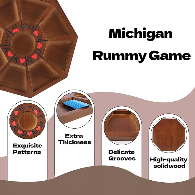 Michigan Rummy Board Game Deluxe Set Perfect Blend of A Royal Game of Hearts Rummy Poker Wooden Tripoley Game Betting Bluffing Classical Family Card for 100 Chips (Walnut -Medium)