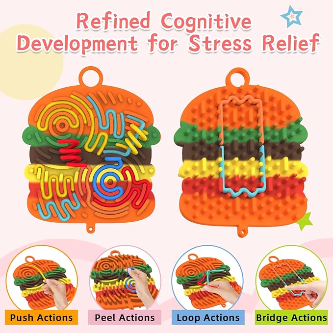 Silicone Sensory Activity Board,Double-Sided Busy Board for Fine Motor Skill,Fidget Toy for Calming, Stress, Anxiety, ADHD , Autism , Silent, No Mess , Kids 3+ & Adults(Hamburger,Colorful)