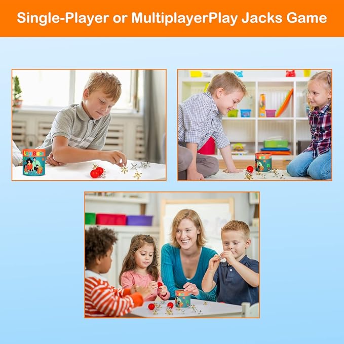 Jacks Game with Ball, Retro Vintage Jax Game for Kids and Adults, Classic Board Games with 18 Metal Jacks & 3 Red Rubber Balls, Old Fashion Traditional Table Games for Family Game Night