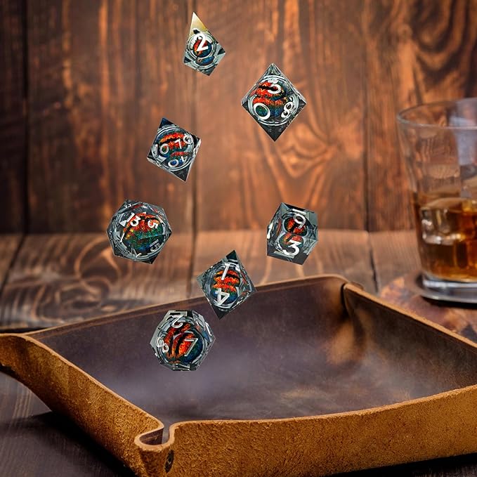 DND Resin Dice Set Dragon Eye Liquid Core 7 Pieces with Sharp Edges and Handmade Craft Gift Box Included for Dungeons and Dragons (Black- Orange)