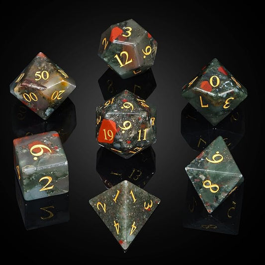 UDIXI Stone DND Dice Set, 7PCS Bloodstone Gemstone Dice Real Stone Dice with Gift Case for Dungeons and Dragons D&D and Tabletop Games