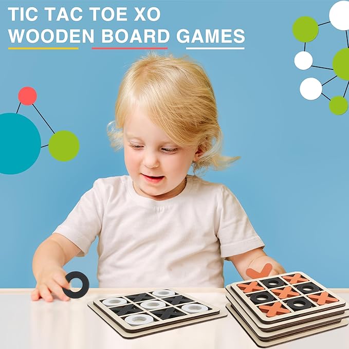12 Sets Kids Wooden Tic Tac Toe Game XO Wood Board Game Classic Mini Tabletop Game Set for Boys Girls Educational Games Toy Goody Bag Filler Birthday Party Favor