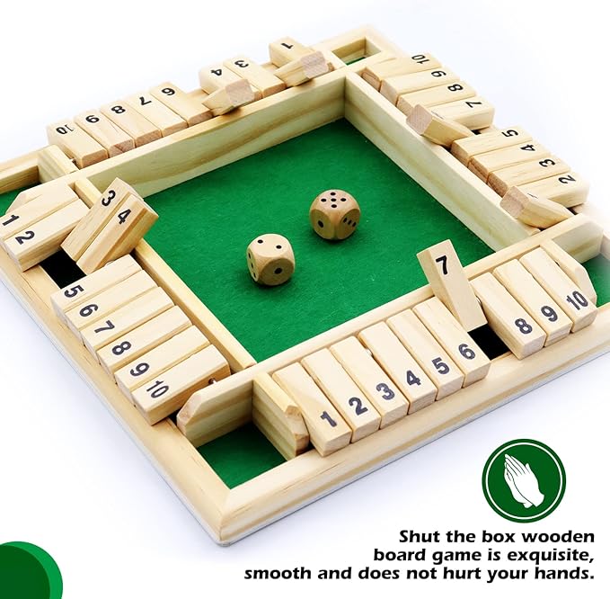 Dice Game Shut The Box Game Wooden Board Game with 10 Dices,a Classic 4 Sided Family Math Game for 2-4 Players Dice Board Game Shut-The-Box(Kids or Adults)