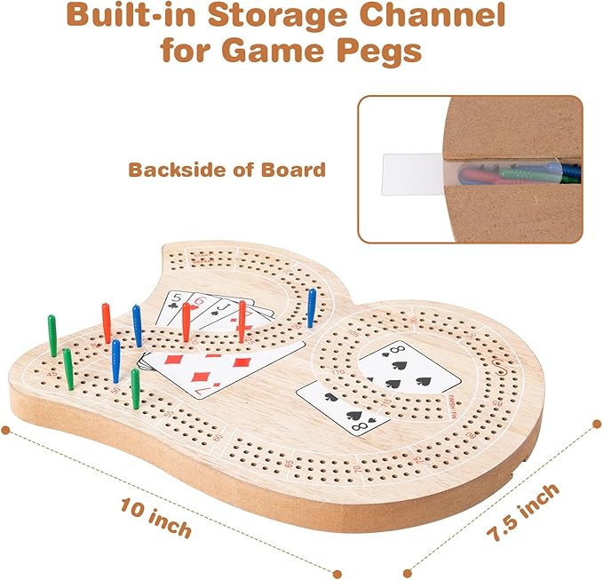 Wooden 3-Track Cribbage Board Game - Classic Board for 3 Players with Plastic Pegs - Ideal Family Game for Kids and Adults