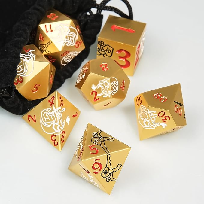 Metal DND Dice Set, Dragons and Warriors DND Dice 7-pcs Metal Polyhedral Dice Set for Dungeons and Dragons RPG MTG Table Games (Gold)