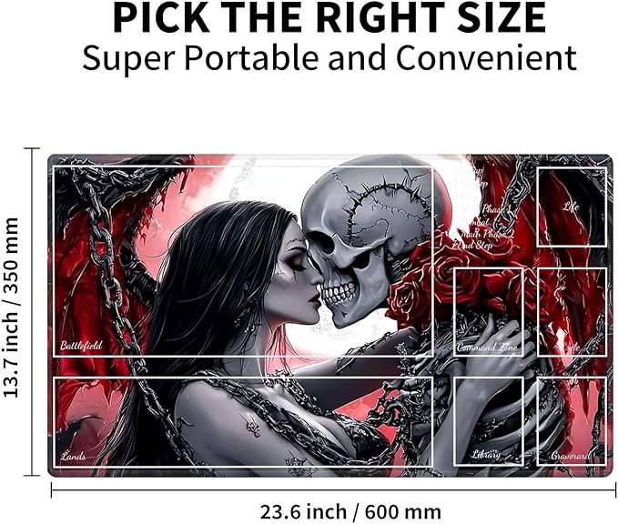 for MTG Playmat with Zones, Rubber Anti-Slip Back Waterproof Surface Easy to Clean, Stitched Reinforced Edges for Magic playmats with Storage Bag, Red Rose Skull Love