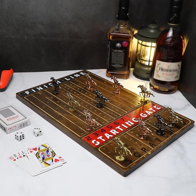Metal Horse Racing Board Game Card Board Game Finish Line Luxury Edition Solid Wood Race Game Board 11 Batches of Metal Model Horses 2 Sets of Dice and 2 Boxes of Cards…