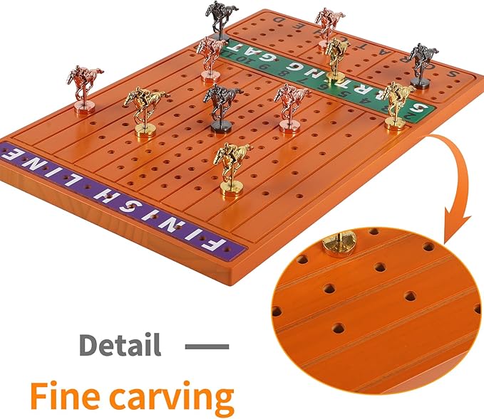 Horse Race Board Game Finish Line Racing Game with 11 Luxurious Metal Horses with 4 Dice and 2 Boxes of Cards Solid Wood Horse Racing Game Board Color Box Packaging (Small, Yellow Peach Color)