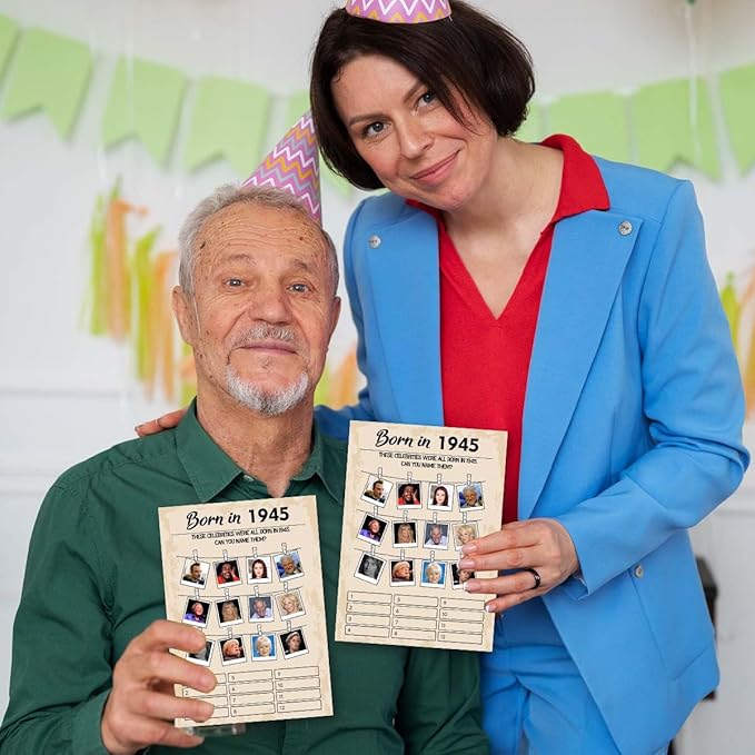 QUPT 80th Birthday Party Games, Born in 1945, 30 Cards, Adults, History, English, Card Game, 18+