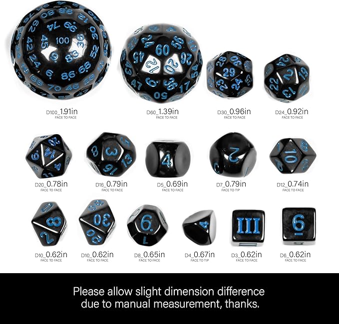 15 Pieces Complete Polyhedral DND Dice Set D3-D100 Spherical D&D Dice Set with Dragon Eye Dice Bag, D100 Dice for Dungeons and Dragons, RPG, MTG Table Games(Black w/Blue Numbers)
