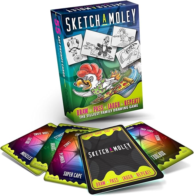SketchaMoley Silly Family Drawing Game of Round Robin Art Mashups! 1-6+ Players. 55 Cards Travel Deck. Creative Stocking Stuffer Gifts for Kids Teens Artists Daily Art Prompts Ideas