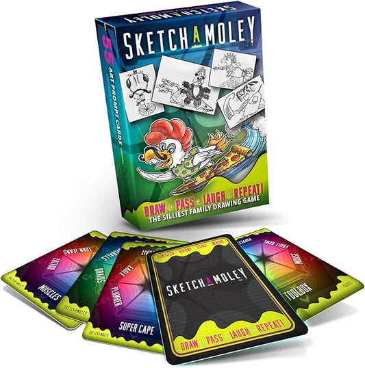 SketchaMoley Silly Family Drawing Game of Round Robin Art Mashups! 1-6+ Players. 55 Cards Travel Deck. Creative Stocking Stuffer Gifts for Kids Teens Artists Daily Art Prompts Ideas