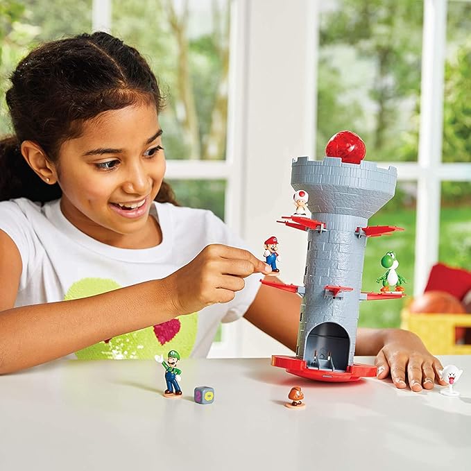 Epoch Games Super Mario Blow Up! Shaky Tower Balancing Game - Tabletop Skill and Action Game with Collectible Super Mario Action Figures (Pack of 6)