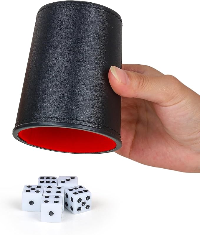 Felt-Lined PU Leather Dice Cup Set, 6 Quiet Dice Shaker Cups with 36 Dices for Bar Party Yahtzee Farkle Dice Games, Red and Black