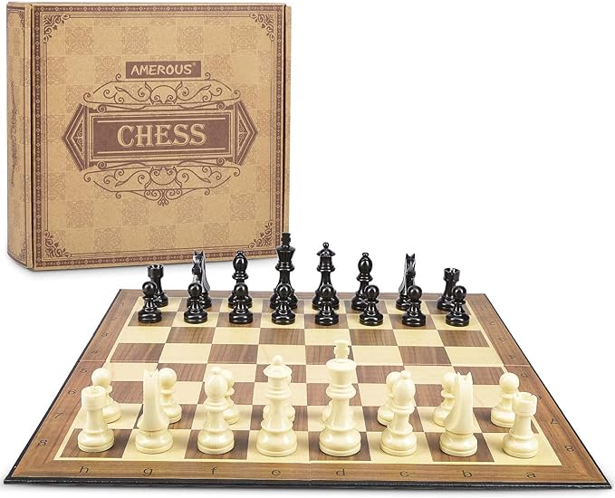 AMEROUS Upgraded Weighted Chess Pieces with 3.0 Inch King/Extra Bonus Folding Portable 15 inch Chess Board / 2 Extra Queens / 2 Storage Bag for Chessmen/Chess Board Game for Beginner