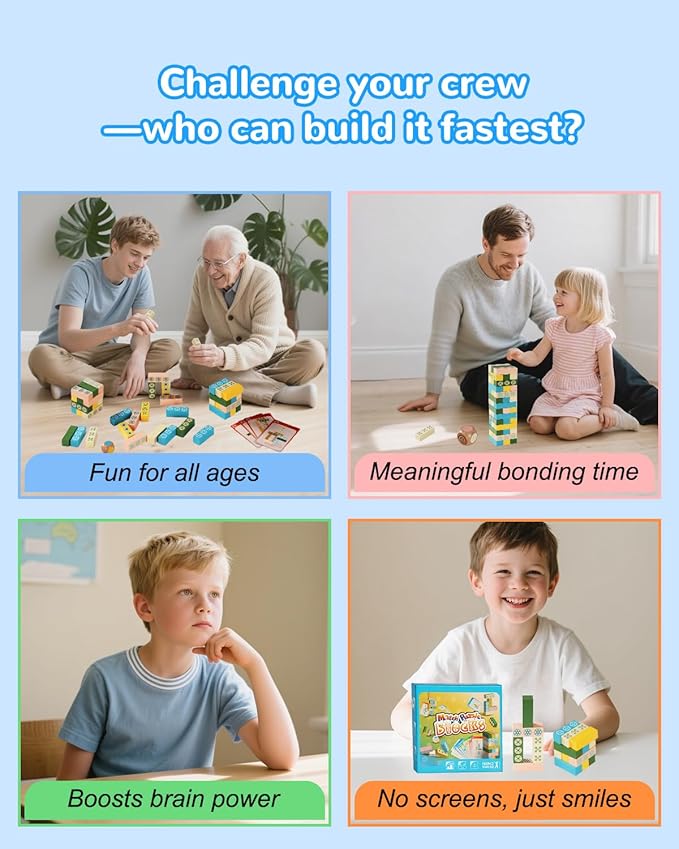 Wooden Tumble Tower Stacking Game for Kids & Adults – Fast-Paced Fun Family Night Puzzle Board Game, Match Challenge with Building Blocks for Party or Classroom Games