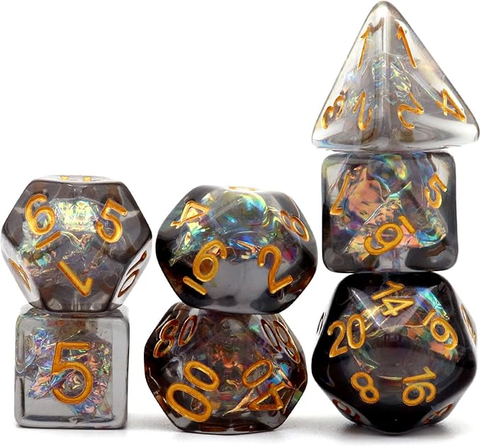 Haxtec Black DND Dice Set 7PCS Filled Resin Polyhedral D&D Dice W/Iridescent Mylar Inclusion Role Playing Dice Dungeons and Dragons Gift