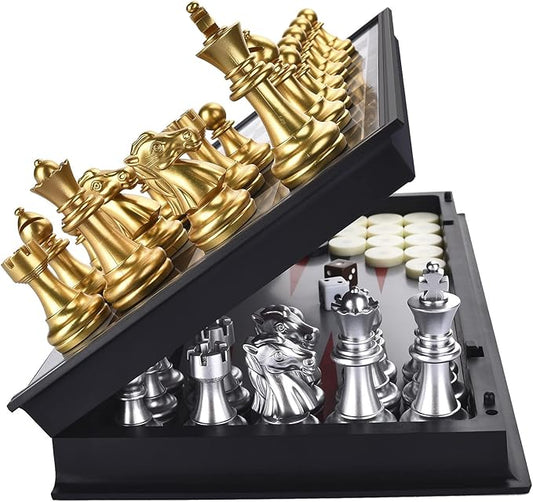 3 in 1 Magnetic Chess Checkers Backgammon Board Game Set with Folding Board Travel Games for Kids and Adults (Chess: Gold & Silver)