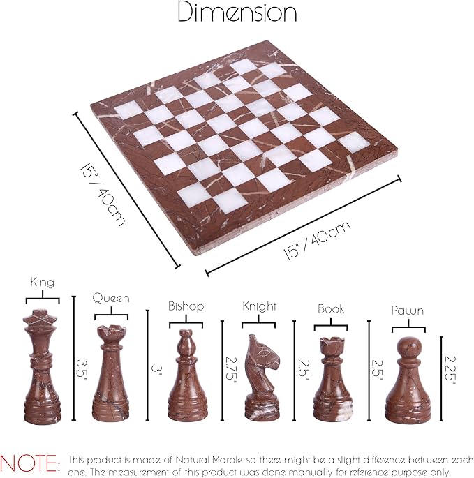 15 Inch Luxury Chess Set Classic Chess Boards for Adults with Handcrafted Stone Board & Marble Chess Pieces Ideal for Home Decor (Marina & White)