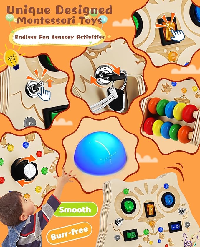 Busy Board,Montessori Wooden Sensory Toy with LED Light Switches, Music, Toddler Light Switch Activity Travel Toys for 1 2 3 Year Old Boys Girls Toddler Toys Gifts