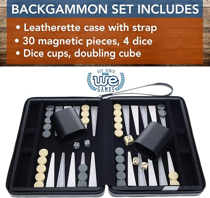 WE Games Backgammon Set, Board Games for Adults - Travel Games - Black with Gray Stripe Magnetic Leatherette Backgammon Board and Carrying Strap - Travel Backgammon Sets for Adults