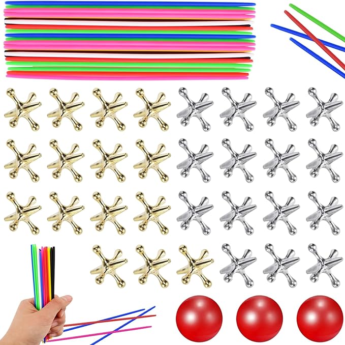 ZeeDix Pick Up Sticks and Metal Jacks Game with Ball Kit- Include 3 Pcs Red Rubber Balls and 30 Pcs Gold and Silver Metal Jacks, 180pcs Classic Pick Up Sticks Game for Kids Adults Family