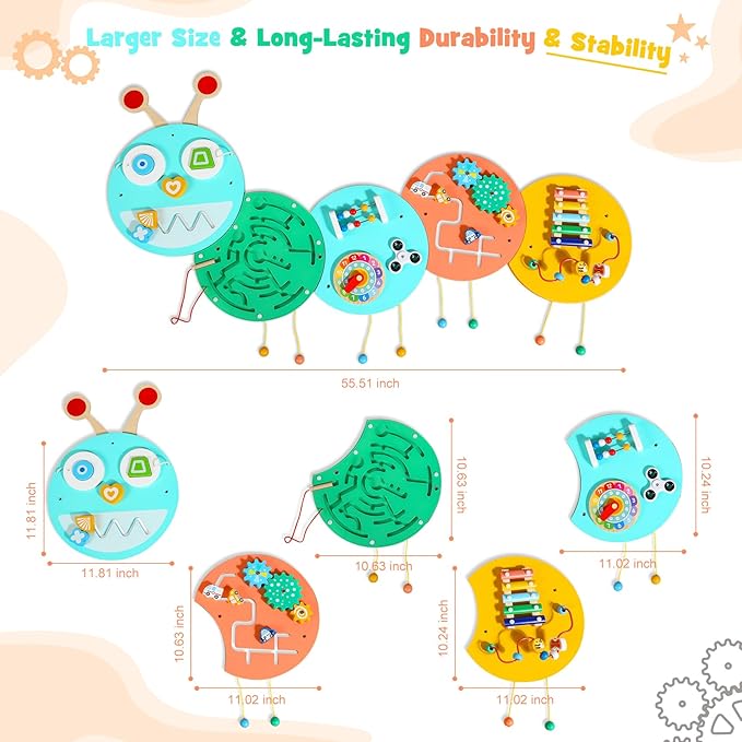Activity Wall Busy Board: Montessori Sensory Wall Panles Caterpillar Learning Activity Panels - Wall Toys for Toddler Playroom Daycare